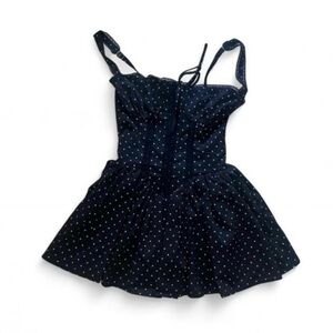 Rich & Famous Black polka dot skater babydoll dress tie back size Medium New